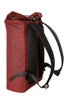 A red roller backpack featuring a roll-top design and padded shoulder straps. It includes a logo on the exterior.