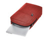 A red laptop backpack with a padded compartment and a zipper, designed to hold a laptop securely.