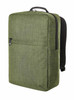 A green laptop backpack with a sleek design, featuring a front pocket and a logo. Ideal for carrying laptops and essentials.