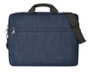 A navy blue laptop bag with a handle and adjustable shoulder strap, featuring a logo on the front.