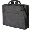 A grey laptop bag with handles and a shoulder strap, featuring a zipped closure and a front pocket.