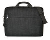 A laptop bag in grey fabric with a shoulder strap and top handles, featuring a sleek design and a logo.