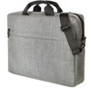 A grey laptop bag with a textured finish, featuring top handles and an adjustable shoulder strap.