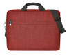 A red laptop bag with a textured finish, featuring a handle and an adjustable shoulder strap. It has a logo on the front.