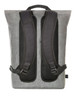 A grey laptop backpack featuring black mesh padded straps and a stylish design. Includes a branding logo.