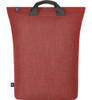 A red laptop backpack with a textured finish and a top handle, featuring a logo on the side.