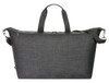 A grey duffle bag with dual handles and an adjustable shoulder strap, featuring a branded logo.