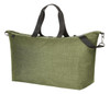 A green duffle bag with black handles and a zipper, featuring a logo on one side.