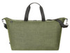 An olive green duffle bag with black handles and a removable shoulder strap, featuring a branding logo.