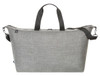 A grey duffle bag with a zip closure and dual handles, featuring a removable shoulder strap and a logo.