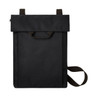 A black backpack with a roll-top design, featuring a handle and an adjustable shoulder strap. It has a logo.