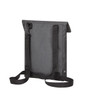 A grey backpack with adjustable black straps and a clasp. Features a simple design and includes a logo.