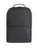 A black laptop backpack with a smooth finish and a front zippered pocket, featuring a logo.