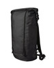 A black backpack with a roll-top closure, side pocket, and adjustable straps, featuring a logo.