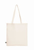 A cream tote bag with fabric handles and a small branding label at the bottom.