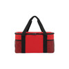 A red cooler bag with black handles and mesh side pockets, featuring a zip closure and a sturdy design.