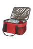 A red cooler bag with a reflective interior, containing multiple drink bottles and a few cans. It has a mesh side pocket and a logo.