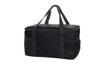A black cooler bag with a zippered top, featuring two mesh side pockets and sturdy handles.
