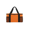 An orange cooler bag with black straps and mesh side pockets, featuring a zip closure and a logo.