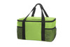 A bright green cooler bag with black straps and mesh pockets on the sides, featuring a branding logo.