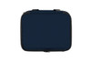A navy blue cooler bag with dual handles and a zippered closure. It features branding on the exterior.