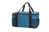 A blue cooler bag with black mesh pockets and handles, featuring a zippered top for storage.