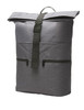 A grey laptop backpack with a roll-top design, featuring two front zip pockets and a shoulder strap.