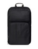A black laptop backpack with multiple zippered compartments and a top handle, featuring a logo.
