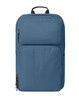 A blue laptop backpack with multiple zippered pockets and a top handle. Features a logo on the front.