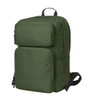 A green laptop backpack with multiple zippered compartments and adjustable straps, featuring a logo.