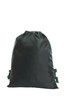 A black drawstring bag with green toggle closures and a simple design, featuring a logo on the front.