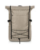 A beige Flex Notebook Backpack featuring a roll-top closure, adjustable straps, and a front zip pocket.