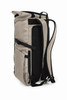 A beige Flex Notebook Backpack with black straps and mesh details, featuring side pockets and a zip closure.
