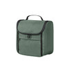 A green toiletry bag with a front zip pocket and a handle on top, featuring a logo.