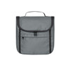A grey toiletry bag with a flap, featuring a zippered pocket and a handle on top. It has logo branding.