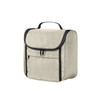 A beige toiletry bag with a flap closure and front zip pocket, featuring a black trim and handle.