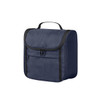 A navy toiletry bag with a flap closure, featuring a front zip pocket and a sturdy handle. It has branding on the side.