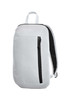 A sleek white backpack with a black zippered pocket and straps, featuring a logo on the front.