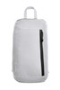 A grey backpack with a front zipper pocket and a non-branded logo on the front.