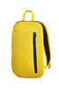 A yellow backpack with a front zip pocket and black accents, featuring shoulder straps and a top handle.