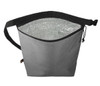 A grey cooler bag with a reflective interior, featuring a sturdy strap for easy carrying and a drawstring closure.