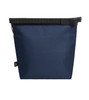 A cooler bag in navy blue with a zip closure and adjustable strap, featuring a branding logo.