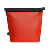 A red cooler bag with a black strap and a zipper closure, featuring a small logo.