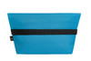 A blue cooler bag with a black strap and a branding logo on the side.