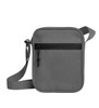 A grey crossbody bag with a front zip pocket and an adjustable strap. It features a logo on the front.