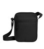 A black crossbody bag with a zippered front pocket and an adjustable strap. It features a simple design and has a logo.