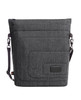 A grey laptop bag with a padded exterior and adjustable shoulder strap. It features a logo on the front.