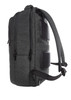 A grey backpack with dual zippers, padded straps, and sleek side pockets. It features branding on the surface.