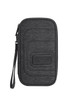 A dark grey organiser bag with a zip closure and a wrist strap, featuring a logo on the front.