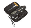 A black frame organiser featuring compartments for cables, pens, cards, and a spacious main section. It includes a branding logo.